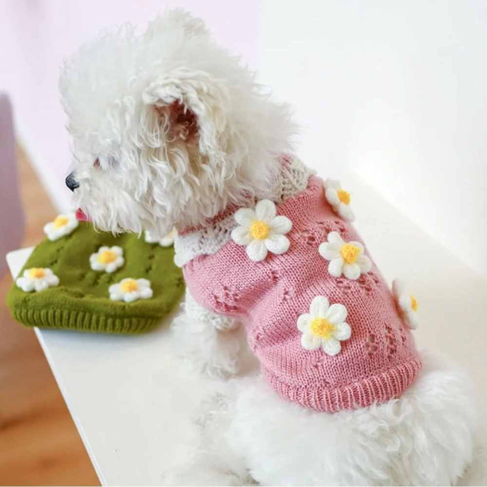 Dog Sweater Warm and Knitted Sweater Dog Flower Pattern -3 left Small